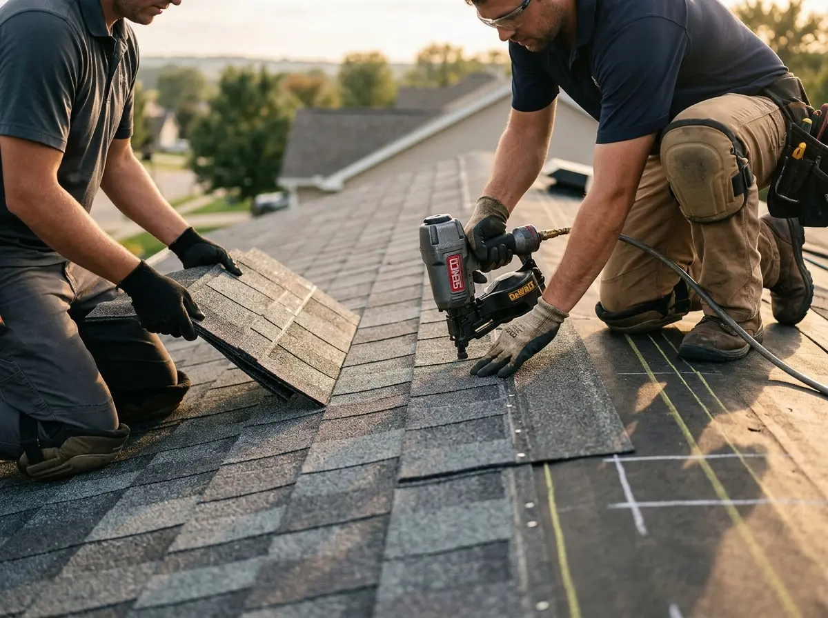 Professional roofer working on a residential roof in Placerville
